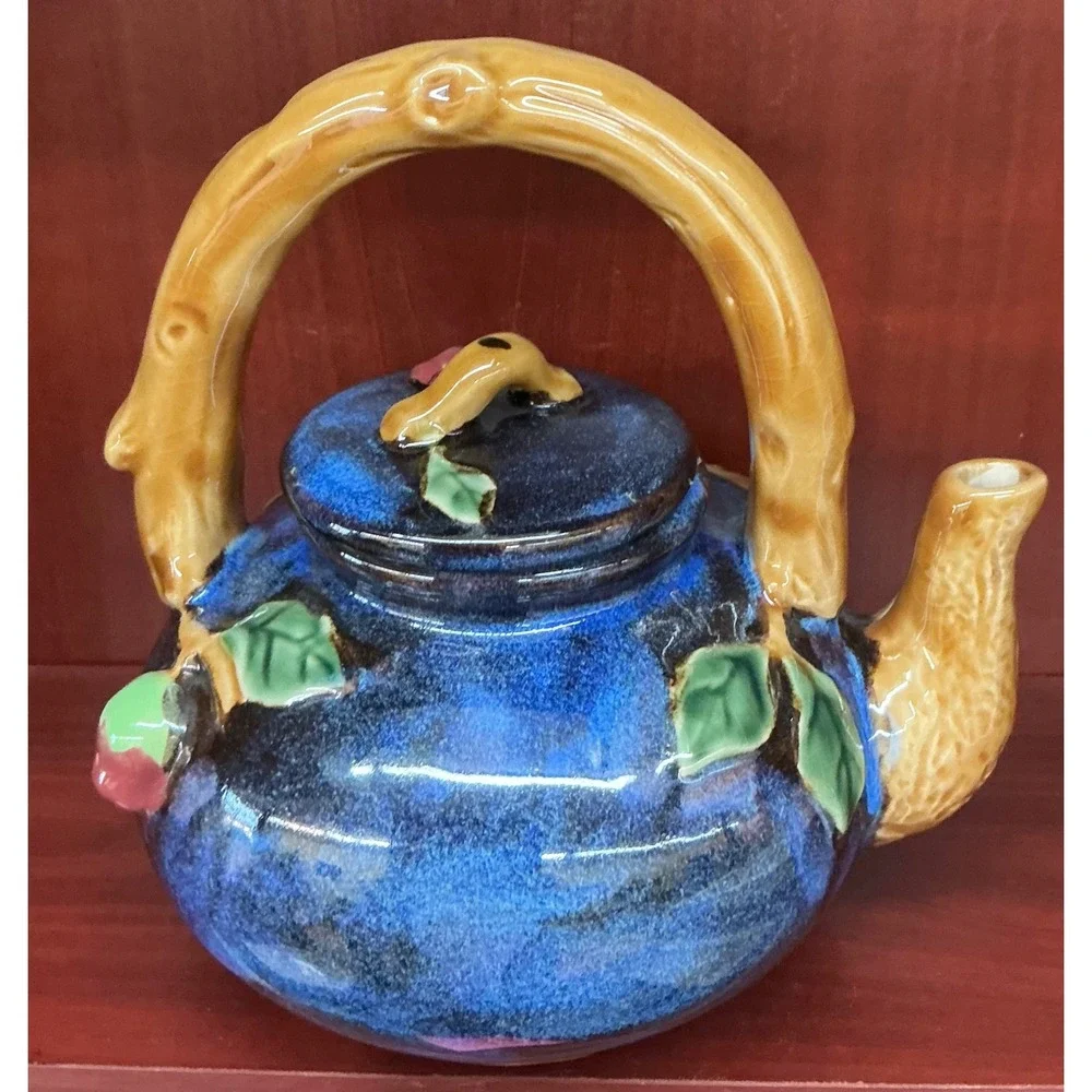 Vintage Ceramic Fruit Teapot Blue Drip Glaze Relief Apple Branch Cottagecore